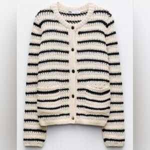 Zara Dark Navy and Cream Striped Cardigan